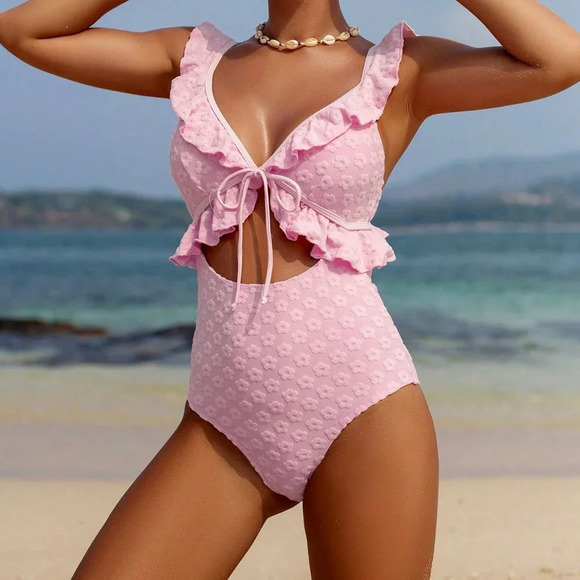 Pink Cute Women's Beach Vacation Jacquard Ruffle Trim One-Piece Swimsuit - Picture 4 of 6